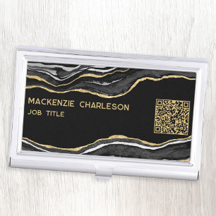 Black Marble Agate Gold Glitter Geode QR Code Business Card Case