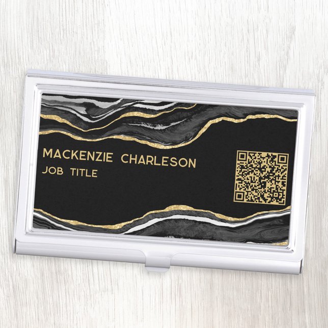 Black Marble Agate Gold Glitter Geode QR Code Business Card Case (Black marble agate geode gold glitter effect business card holder with QR code)