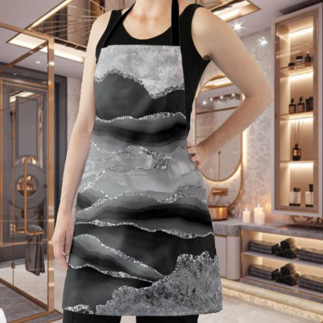 BLACK MARBLE AGATE GOLD GLITTER GLAM  APRON (Creator Uploaded)