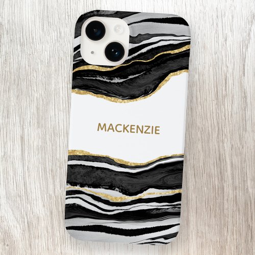 Black Marble Agate Gold Glitter Personalized Case_Mate iPhone 14 Case