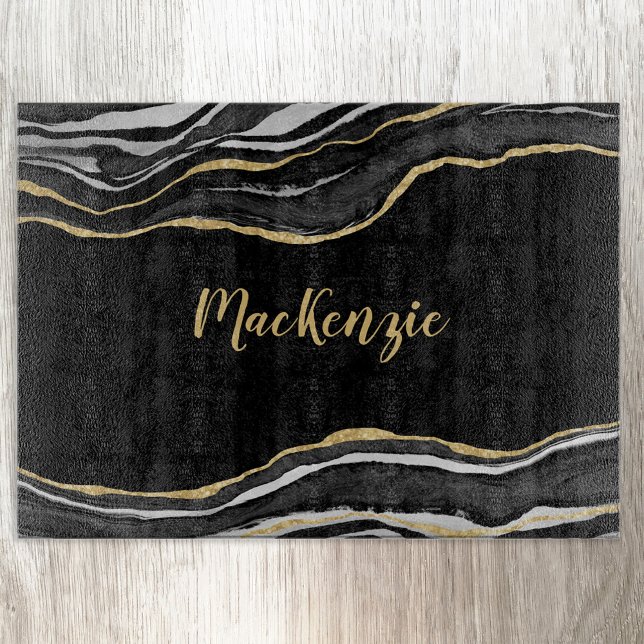 Black Marble Agate Gold Glitter Personalized Cutting Board (Creator Uploaded)