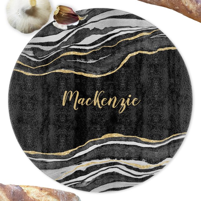 Black Marble Agate Gold Glitter Personalized Cutting Board (Black agate marble watercolor personalized name glass cutting board)