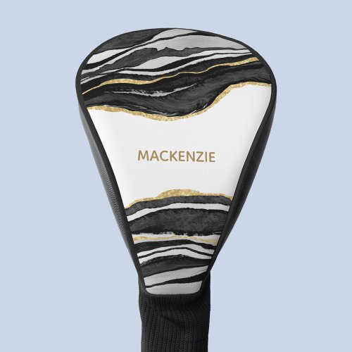 Black Marble Agate Gold Glitter Personalized Golf Head Cover