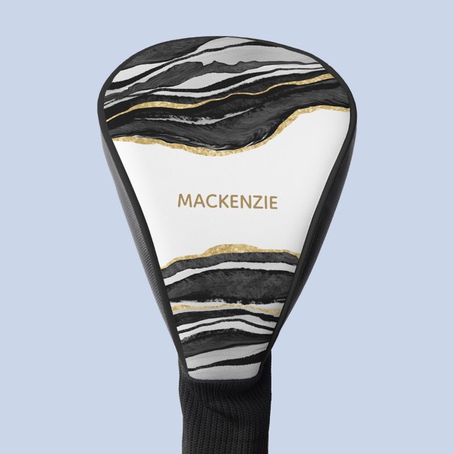 Black Marble Agate Gold Glitter Personalized Golf Head Cover (Black agate marble watercolor personalized name golf head cover)