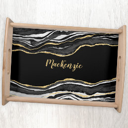 Black Marble Agate Gold Glitter Personalized Serving Tray