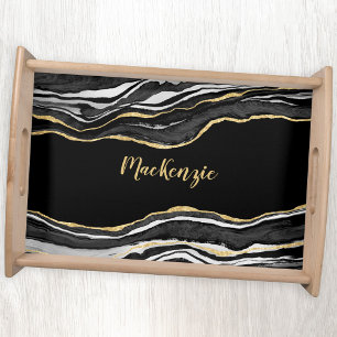 Black Marble Agate Gold Glitter Personalized Serving Tray