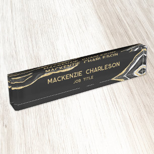 Black Marble Agate Gold Glitter Professional Desk Name Plate