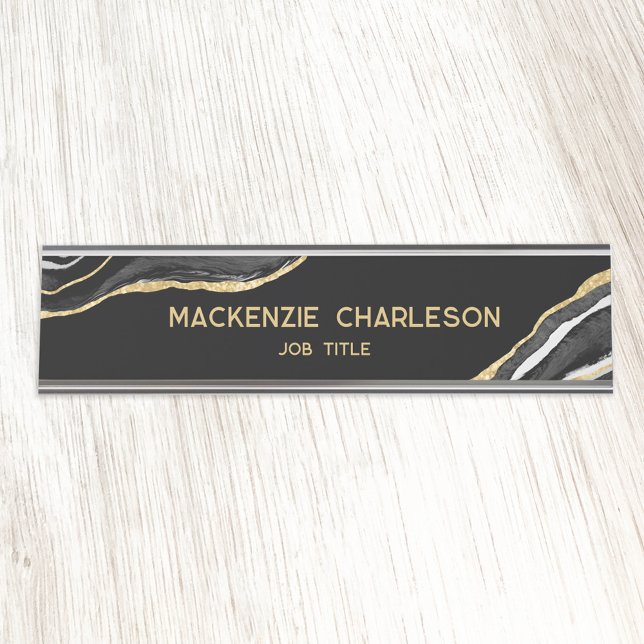 Black Marble Agate Gold Glitter Professional Desk Name Plate (Black and gold agate marble watercolor personalized custom text professional name plate)