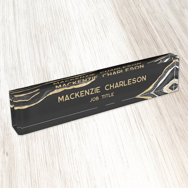 Black Marble Agate Gold Glitter Professional Desk Name Plate (Black and gold marble agate watercolor desk name plate with custom text)