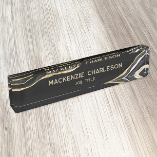 Black Marble Agate Gold Glitter Professional Desk Name Plate