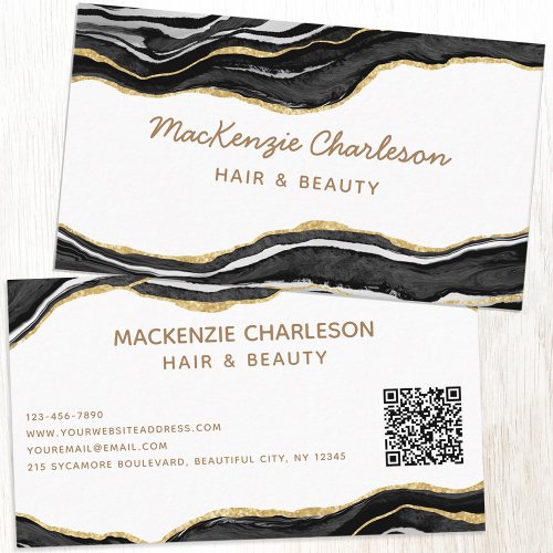 Black Marble Agate Gold Glitter QR Code Business Card