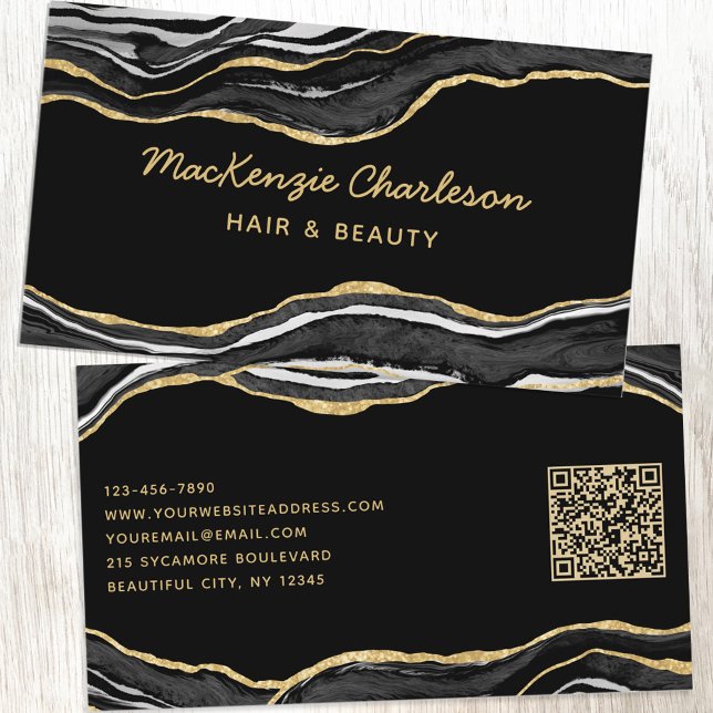 Black Marble Agate Gold Glitter QR Code Business Card (Creator Uploaded)