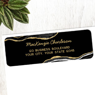 Black Marble Agate Gold Glitter Return Address Label