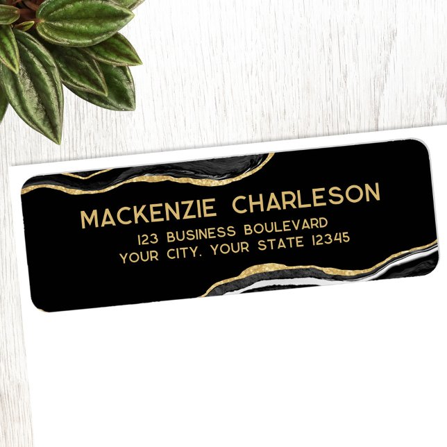 Black Marble Agate Gold Glitter Return Address Label (Black gold marble agate geode professional return address label)
