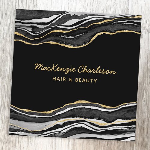 Black Marble Agate Gold Glitter Square Business Card