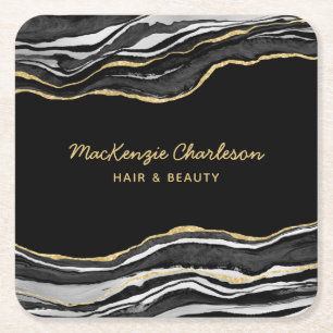 Black Marble Agate Gold Glitter Square Paper Coaster