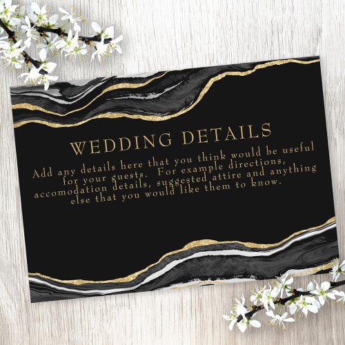 Black Marble Agate Gold Glitter Wedding Details Enclosure Card