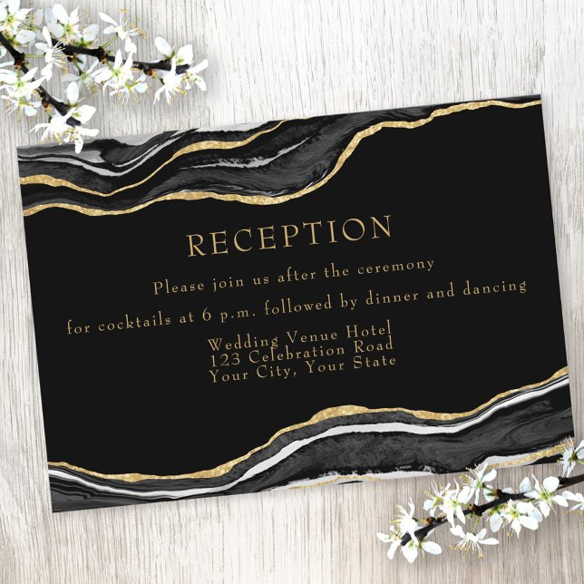 Black Marble Agate Gold Glitter Wedding Reception Enclosure Card (Creator Uploaded)