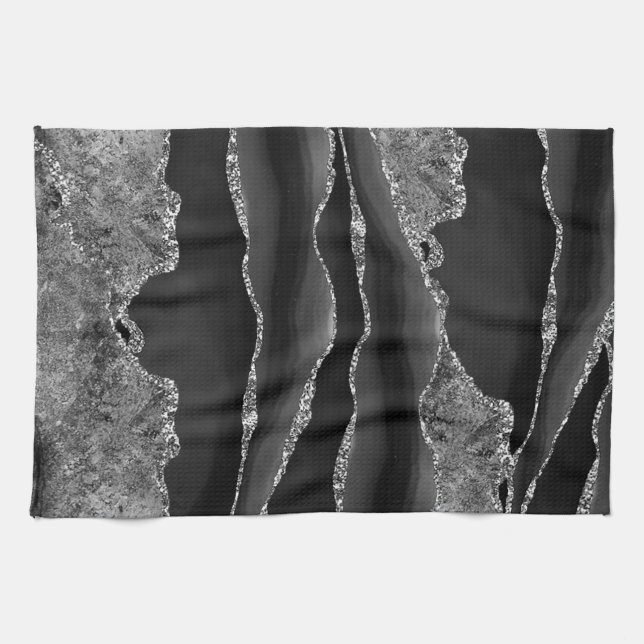 BLACK MARBLE AGATE SILVER GLITTER GLAM KITCHEN TOWEL (Horizontal)