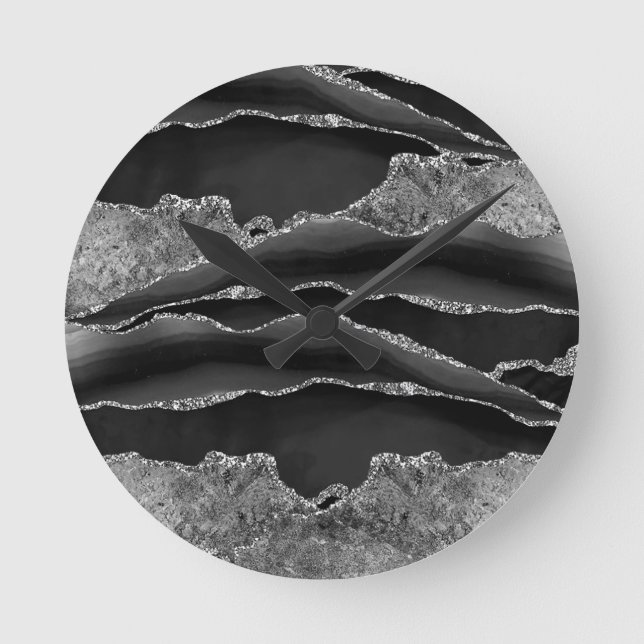 BLACK MARBLE AGATE SILVER GLITTER GLAM ROUND CLOCK (Front)