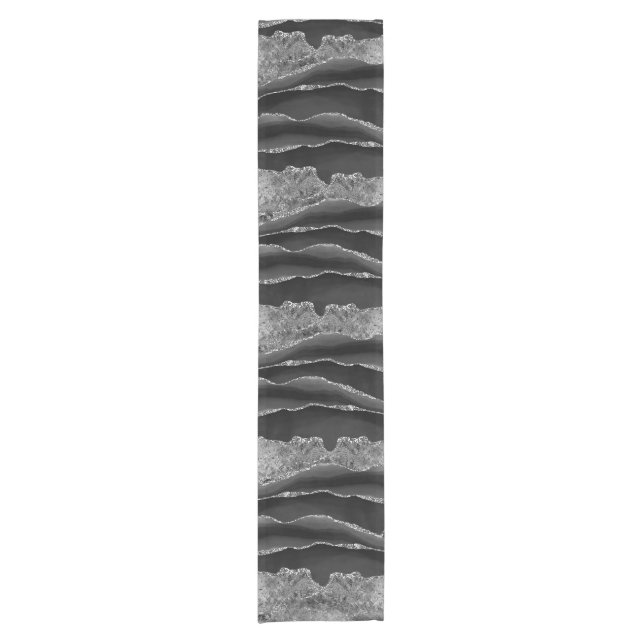 BLACK MARBLE AGATE SILVER GLITTER GLAM SHORT TABLE RUNNER (Front)