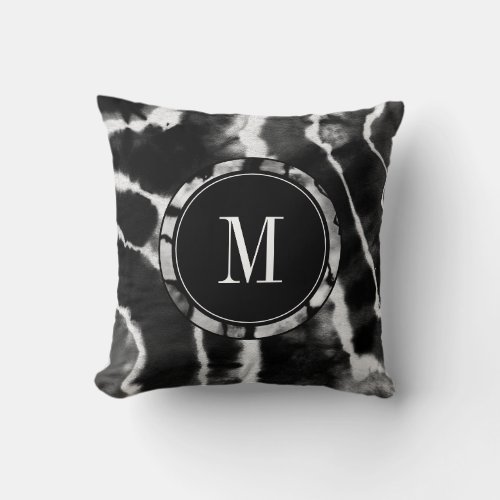 Black Marble Agate Tie Dye Watercolor Monogram Throw Pillow