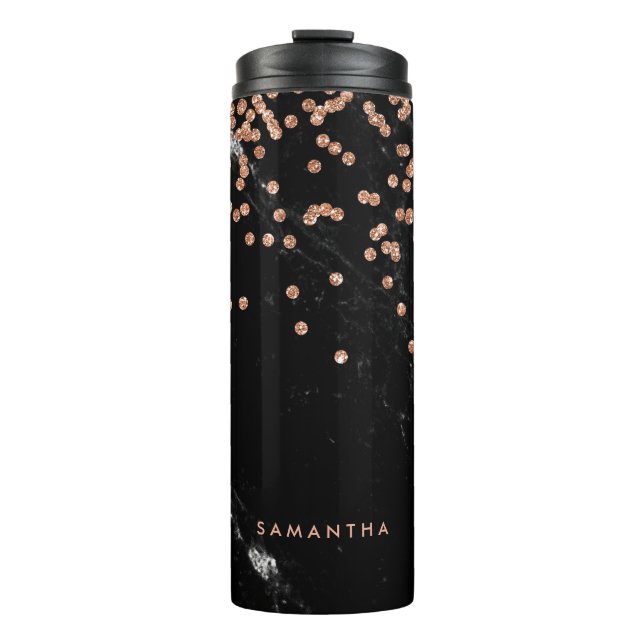 Black Marble and Glam Faux Rose Gold Thermal Tumbler (Front)