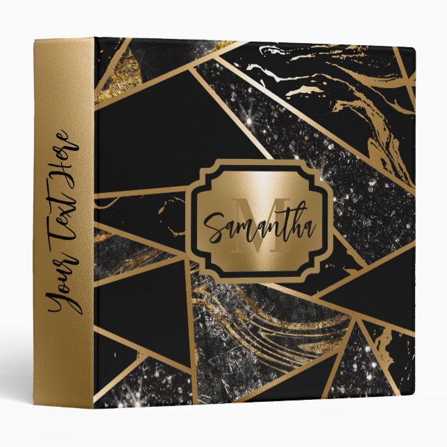 Black Marble and Glitter Geometric Mosaic 3 Ring Binder (Front/Spine)