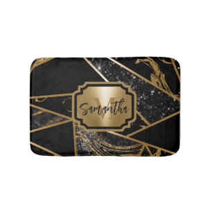 Black Marble and Glitter Geometric Mosaic Bath Mat