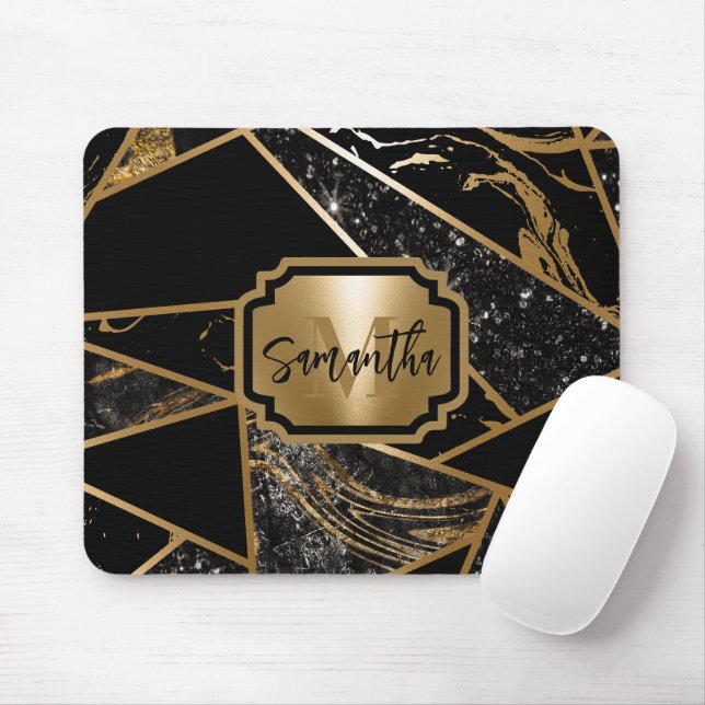 Black Marble and Glitter Geometric Mosaic Mouse Pad (With Mouse)