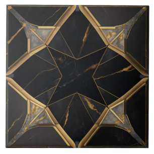Black Marble and Gold Geometric Star Pattern Ceramic Tile