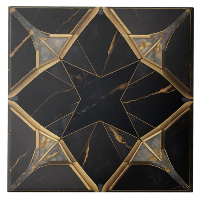 Black Marble and Gold Geometric Star Pattern Ceramic Tile (Front)
