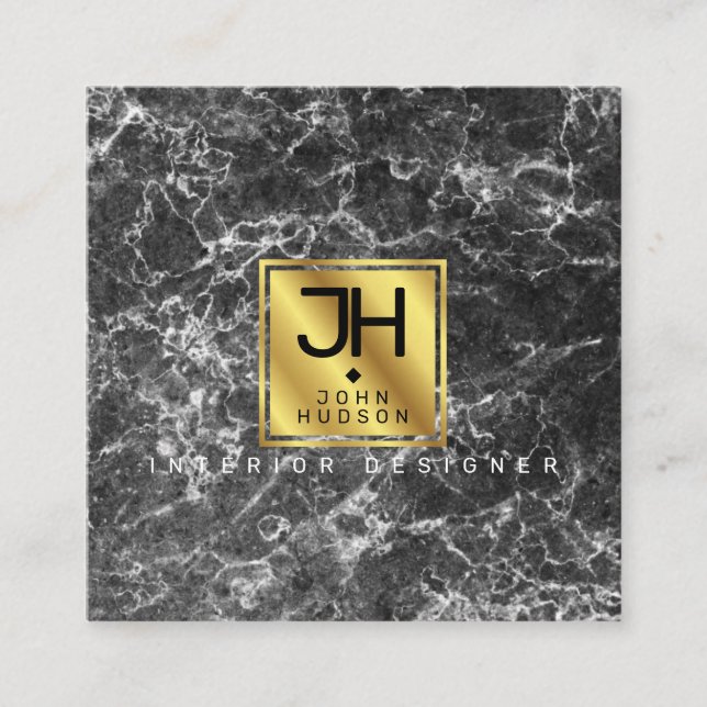 Black Marble and Gold Modern Monogram Square Business Card (Front)