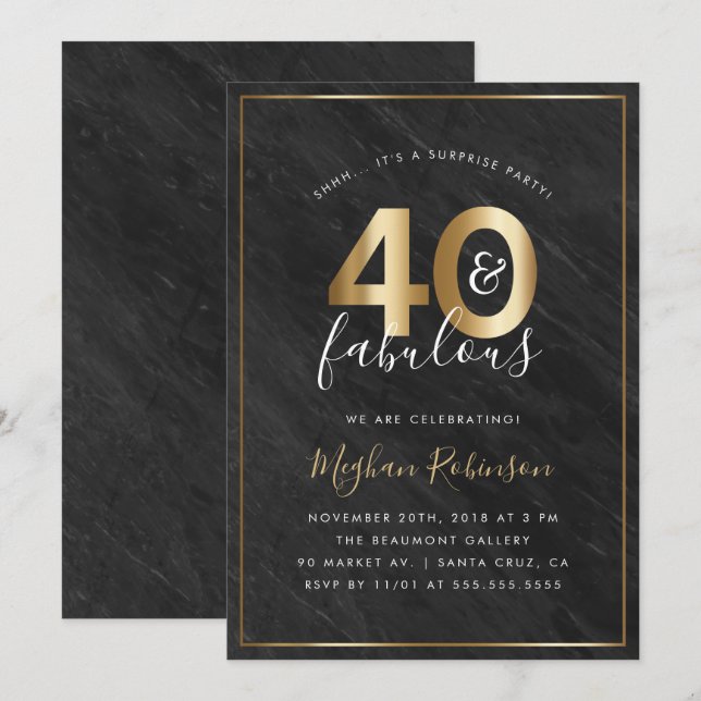 Black Marble and Gold Surprise 40th Birthday Party Invitation (Front/Back)