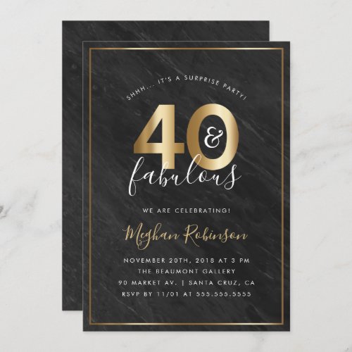 Black Marble and Gold Surprise 40th Birthday Party Invitation