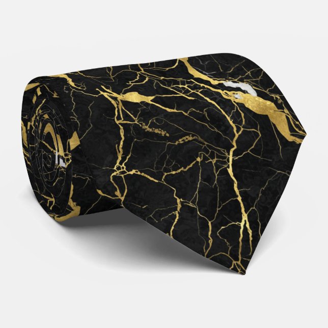 Black Marble and Gold Veins Elegant Pattern Neck Tie (Rolled)