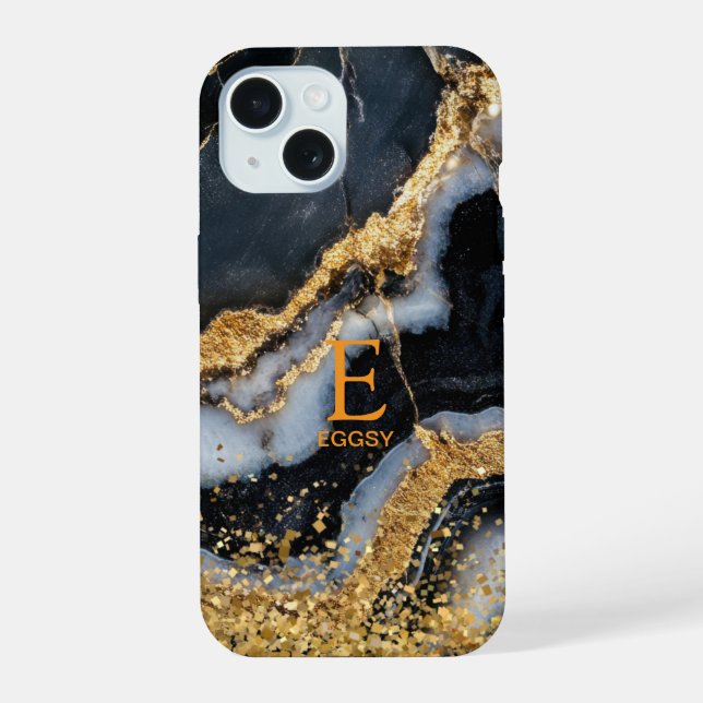 Black marble chic gold glitter monogram iphone case (Back)
