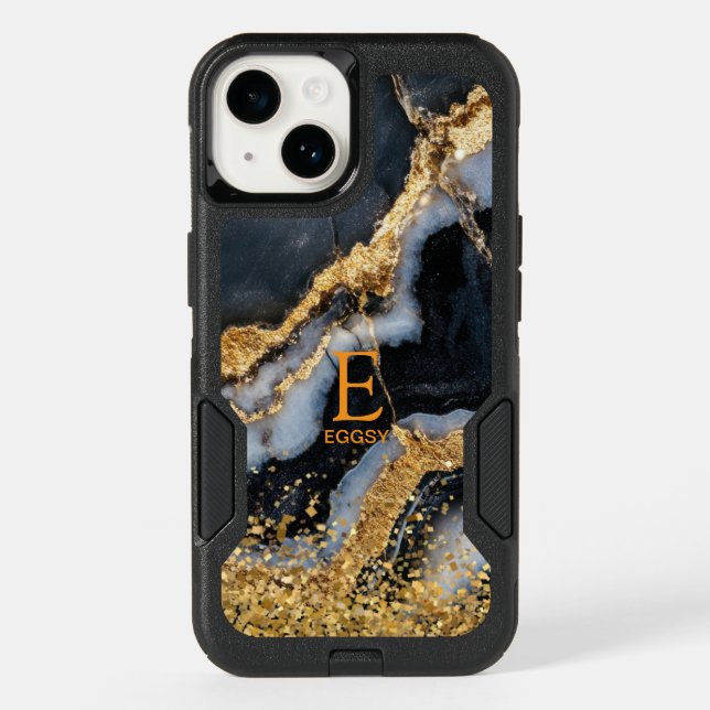 Black marble chic gold glitter monogram otterbox iPhone case (Back)