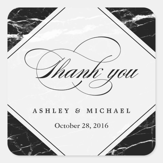 Black Marble Classy Typography Thank You Square Sticker (Front)