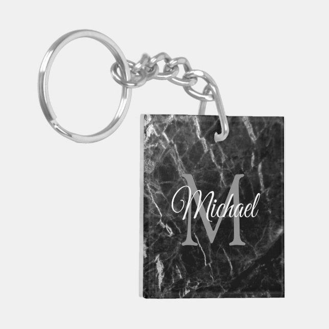 Black Marble Create Your Own Monogram Square Keychain (Front Left)