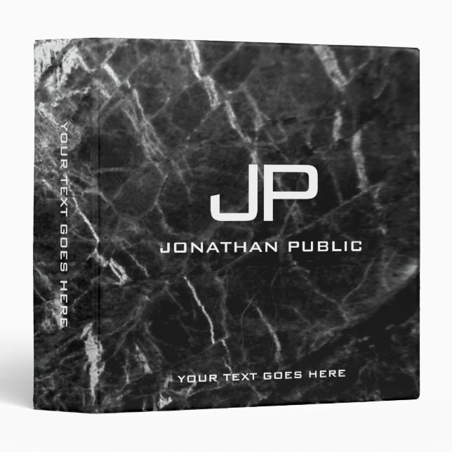 Black Marble Customize Monogram Initial Elegant 3 Ring Binder (Front/Spine)