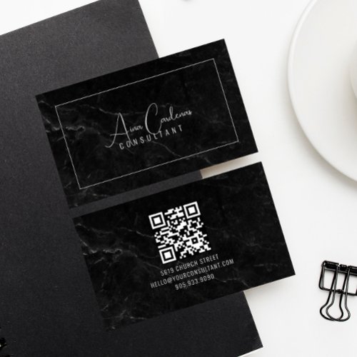 Black Marble ElegantScript QR CODE Black and White Business Card