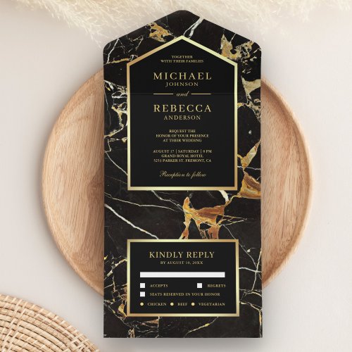 Black Marble Faux Gold Foil Wedding All In One Invitation