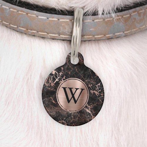 Black Marble Faux Rose Gold Foil Monogram Pet ID Tag