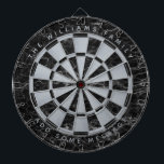 Black Marble Faux Silver Foil Family Name Classic  Dart Board<br><div class="desc">A classic dartboard design with alternating  black marble and faux silver foil triangles. There is a family name in the upper part and a message in the lower part,  both as arched texts in silvery gray caps.</div>