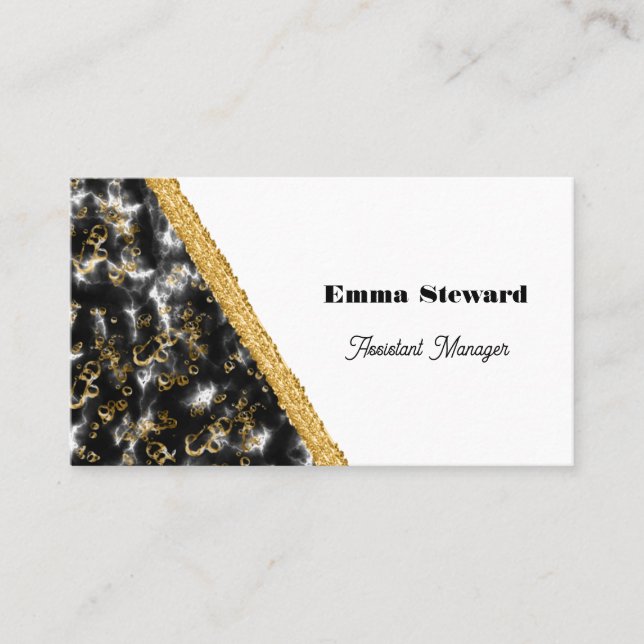 Black Marble Glam Gold & Glitter Business Card (Front)