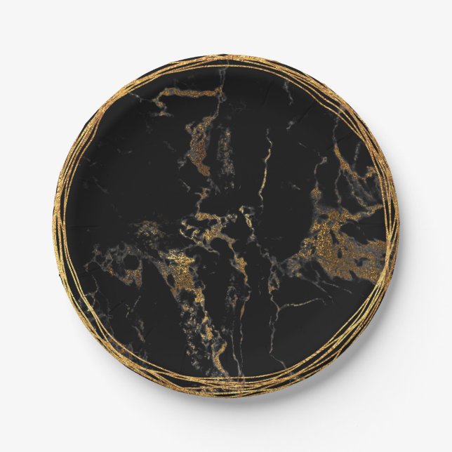 Black Marble Glam Golden Birtday Party Paper Plates (Front)