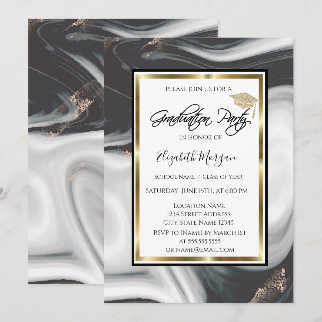 Black Marble  Glitter Graduation Cap Graduation Invitation (Front/Back)