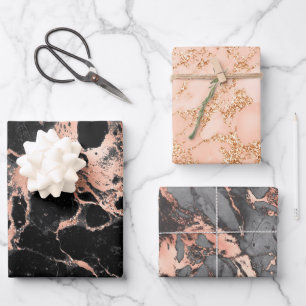 Black marble glitter rose gold wrapping paper sheets