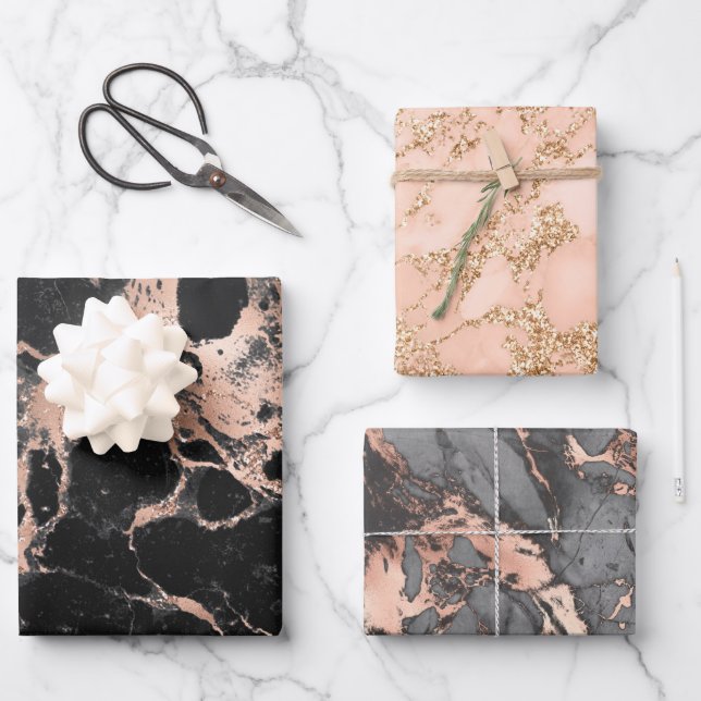 Black marble glitter rose gold wrapping paper sheets (Front)